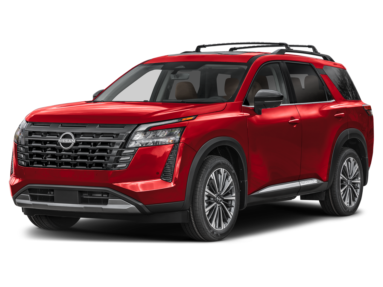 2026 Nissan Pathfinder Platinum in Scarlet Ember Tintcoat — front three-quarter view