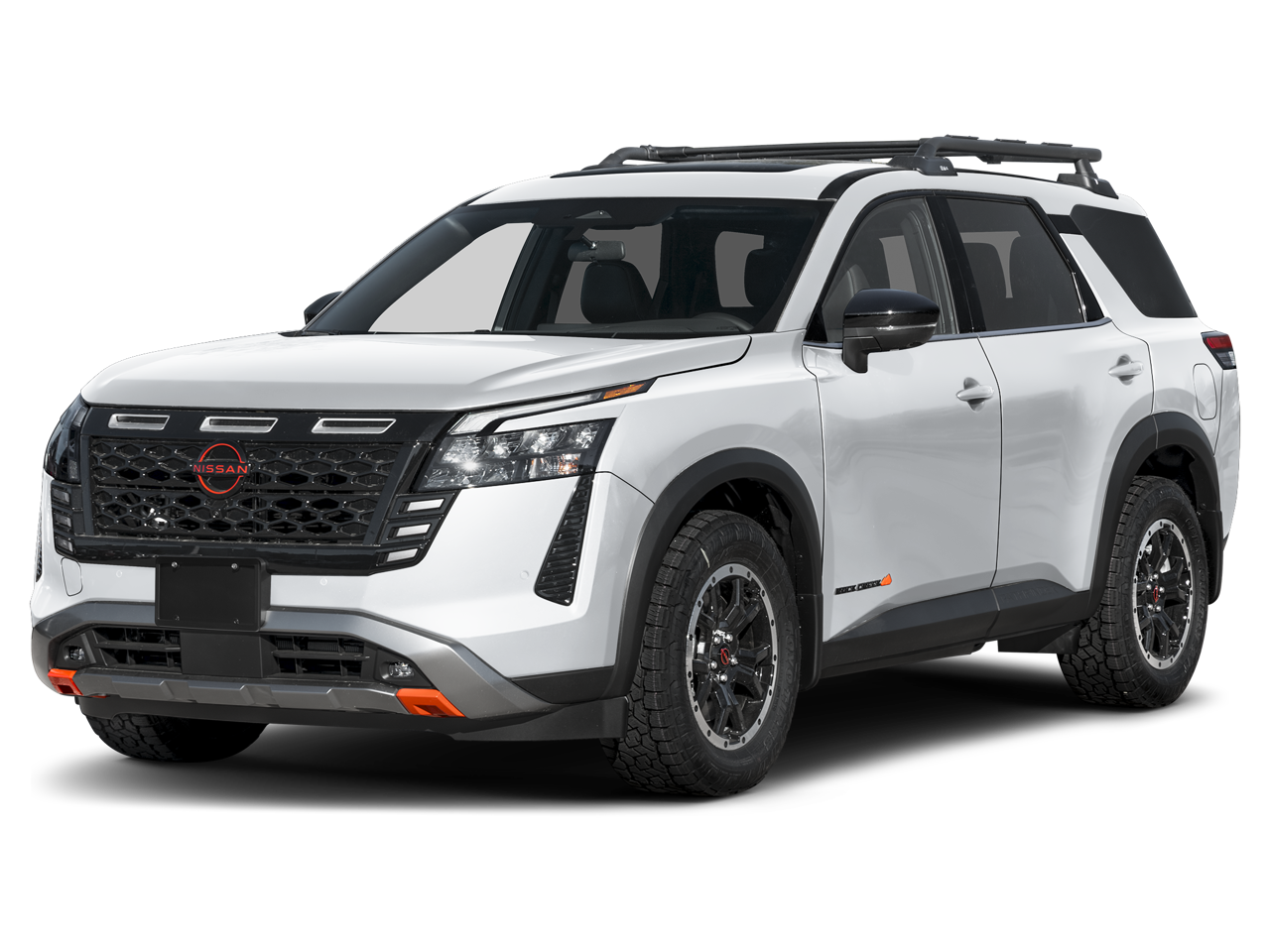 2026 Nissan Pathfinder Rock Creek in Everest White Pearl Tricoat — front three-quarter view