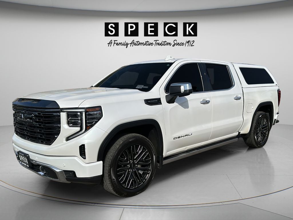 2022 GMC Sierra Denali Ultimate in White Frost Tricoat — front three-quarter view