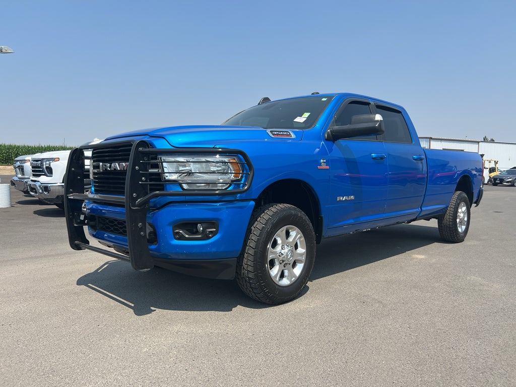 2021 RAM 3500 Big Horn Crew Cab 4x4 8' Box in Hydro Blue Pearlcoat — front three-quarter view