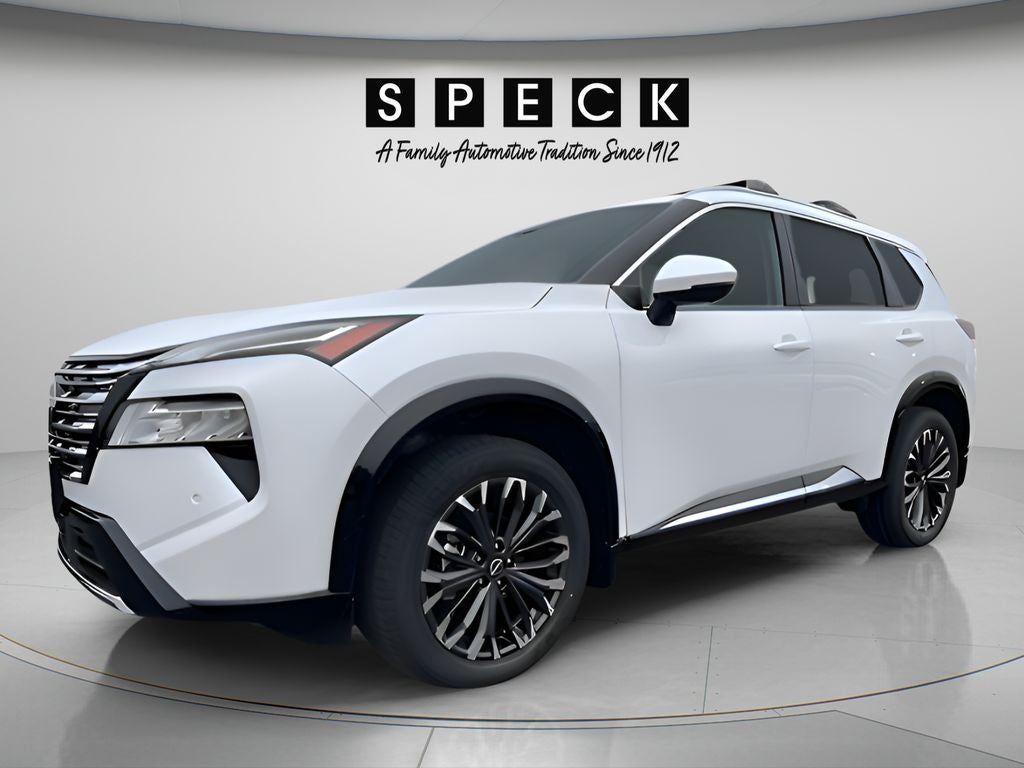 2026 Nissan Rogue Platinum in Everest White Pearl Tricoat — front three-quarter view